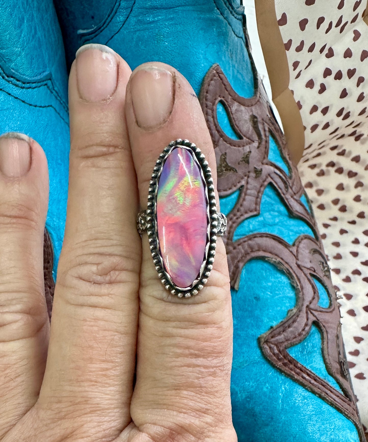 Fiery Pink Aurora Opal Ring